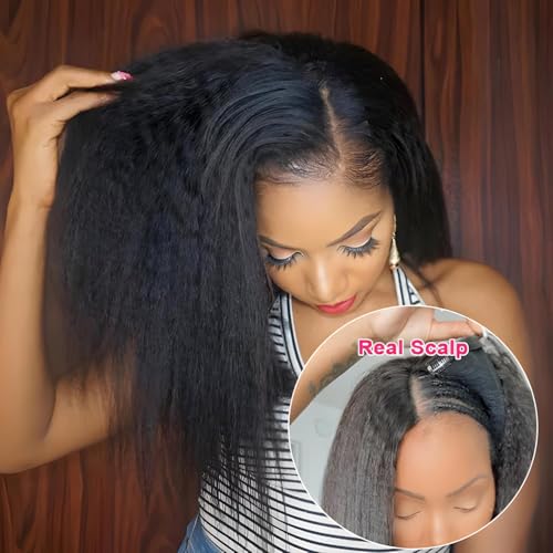 V Part Wig Human Hair Kinky Straight 20 Inch Vpart Human Hair Wig Upgrade U Part Wig Yaki Straight Clip in Half Wigs for Black Women Glueless No Leave Out 180% Density Natural Color
