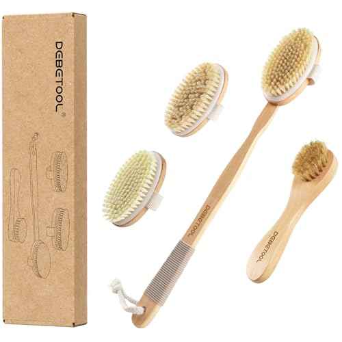 Dry Brushing Set - Natural Boar Bristle Body & Face Brush, Wooden Long Handle Scrub Brush for Cellulite & Lymphatic Drainage, Detachable, 3 Brush Heads