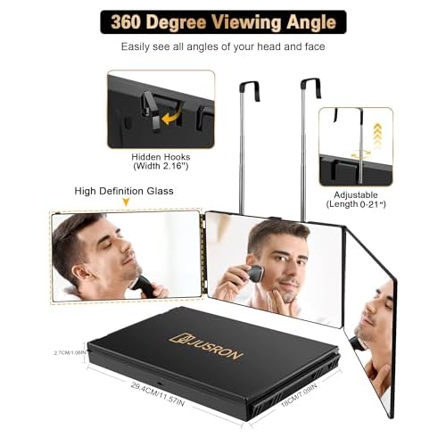 JUSRON 360 Viewing Angle Self Hair Cutting Mirror, Clear Anti-Fog HD Glass (Black Without LED Without Accessories)