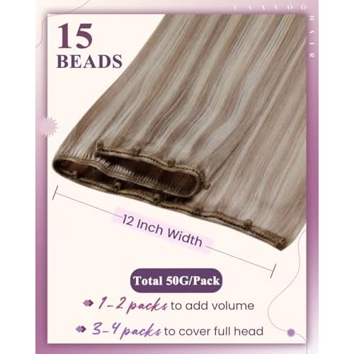 LaaVoo Hair Beaded Weft Hair Extensions Real Human Hair Beaded Weft Hair Extensions Human Hair Blonde Highlighted 22inch 50g