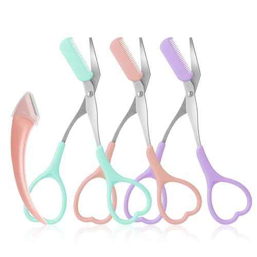 Eyebrow Scissors with Eyebrow Razor,Eyebrow Trimmer with Comb,Non Slip Finger Grips Trimmer Eyebrow Scissors, Hair Removal Beauty Accessories for Men Women (Light Pink, Green, Purple)