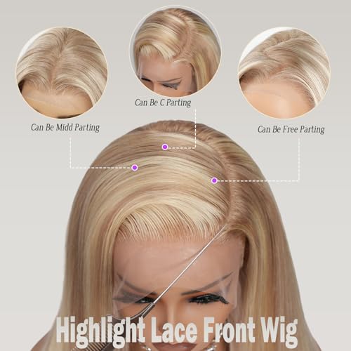 Ombre Balayage Ash Blonde Wig Human Hair,13x6 HD Glueless Lace Front Wigs Pre Plucked Virgin Hair 180% Density Light Brown to Platinum Blonde Highlights Silky Straight Baby Hair with Baby Hair