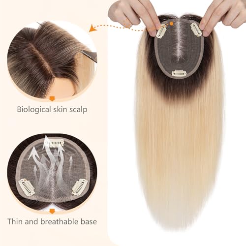 Benehair 12 Inch Hair Toppers For Women Real Human Hair 150% Density 4 * 4.7'' Hand Made Lace Base 100% Remy Human Hair Wiglets Toppers for Thinning Hair No Bangs Ombre Bleach Blonde