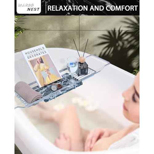 Bathtub Tray Caddy for Luxury Bath Expandable Extra Wide Bath Tub Tray with Natural Marble Tray and Mobile/Tablet Stand, Ideal for Home Spa Lovers(Chrome + Large Flower Green)