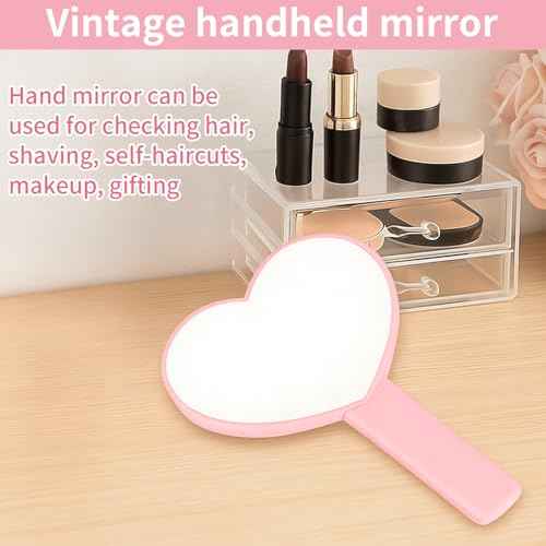 TBWHL Heart-Shaped Travel Handheld Mirror, Cosmetic Hand Mirror with Handle, Cute Hand held Mirror for Shaving Single-Sided Portable Travel Vanity Mirror for Men & Women (Pink, 1Pack)