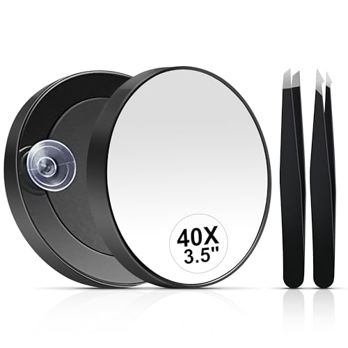 MIYADIVA 40X Magnifying Mirror, 3.5 Inch Round Compact Mirror with Suction Cup, Stainless Steel Tweezers, Perfect for Makeup, Eyebrows, Beards, Travel