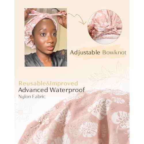 Yanibest Shower Cap for Women Reusable Waterproof, Adjustable Non-Slip Shower Hair Cap, Washable Bath Hat for Long Hair