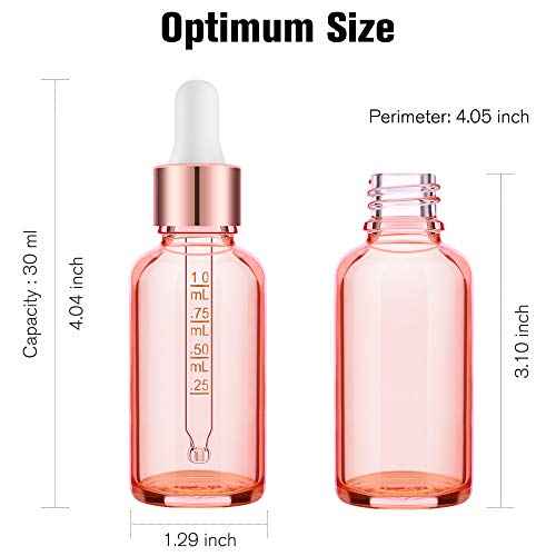 PrettyCare Glass Eye Dropper Bottles 24 Pack, 1oz (30ml) Rose Empty Thick Bottles Bulk with Leakproof Caps - With Labels & Funnels for Storage, Travel, Essential Oils, Cuticle Oils, Tinctures
