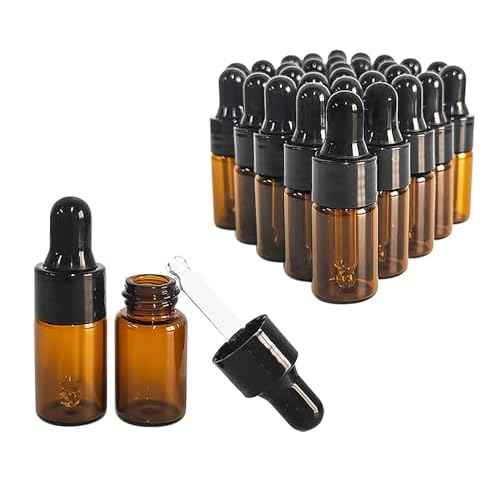 50Pcs Amber Glass Mini Dropper Bottle 1/3ml Amber Essential Oil Bottles Vials Travel Cosmetic Sample Container Liquid Perfume Eye Droppers Bottle (3ml)