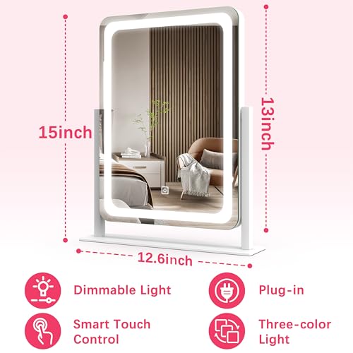 Vanity Mirror with Lights, 12.6"¡¿15" LED Makeup Mirror, Lighted Makeup Mirror with Lights, Smart Touch Control Dimmable 3 Modes Light, Lighted Up Mirror for Makeup Desk, Bedroom, Dressing Room