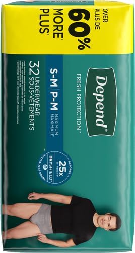 Depend Fresh Protection Adult Incontinence Underwear for Men (Formerly Depend Fit-Flex), Disposable, Maximum, Small/Medium, Grey, 32 Count, Packaging May Vary (Pack of 2)