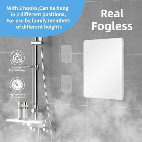 Shower Mirror Fogless Shaving with Razor Holder for Shower, Anti Fog Shower Mirror & includes 2 Razor Hooks & 2 Mirror Hooks, Easy Install & Unbreakable, Mirror for Shower Wall(Small 6.8x5.2in)