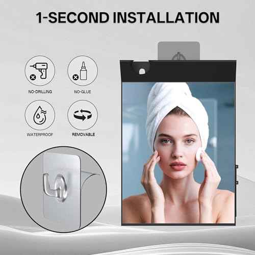 Wall Mount Anti Fog Mirror for Shower,Large Black Mirror for Bathroom,Hot Water Powered Defogging Shower Mirrors for Shaving for Women Makeup,Heated Makeup Mirror Hanging with Hook