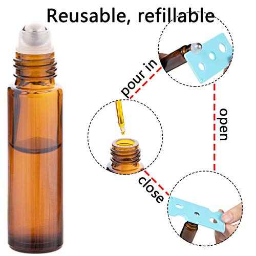 6Pcs 10ml Essential Oil Roller Bottles, with Stainless Steel Roller Balls, 10ml Amber Glass Roll on Bottles for Essential Oils, 1 Extra Roller Ball, 6 Labels, 1 Openers, 2 Droppers Included