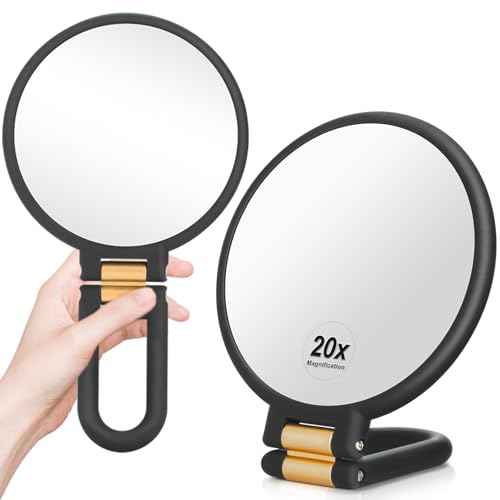 1x 20x Magnifying Travel Mirror, Hand Mirror with Handle - Double Side Hand Held Mirror with 1x 20x Magnification & Foldable Handle, Portable Travel Makeup Hand Mirror for Women (Black)