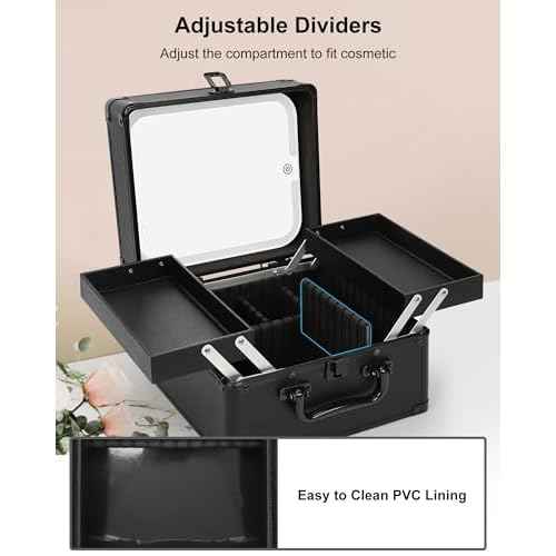 Chomeiu Makeup Bag with Mirror, Travel Train Case Large Cosmetic Organizer with 2 Trays and Vanity Mirror with LED Lights, Brush Holder Storage Box Suitcase for Nail Kits Cosmetics Craft, Black
