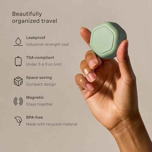 Cadence Travel Containers Basic Skincare Set - Magnetic Containers with Lids,Carry On Travel Essentials For Women/Men - 3 Small Capsules (0.56oz) - Cleanser, Moisturizer & Sun-Icon Labels - Evergreen