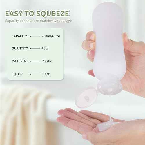 6.7oz Travel Shampoo Bottle, Empty Plastic Squeeze Bottles with Flip Cap, 4PCS Lotion Container for Toiletries (200ml,Clear)