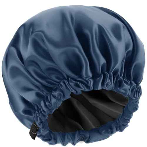 Shower Cap,100% Real Satin Lined Shower Caps,Extra Large Shower Cap for Women Reusable Waterproof,Adjustable Size&Long Hair Bath Caps