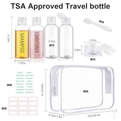 Travel Bottles for Toiletries 8 Pack 3.4oz 0.35oz TSA Approved Travel Size Containers Leak Proof Plastic Small Cream Jars Squeezable Empty Toiletry Bottles for Shampoo Conditioner(Clear)