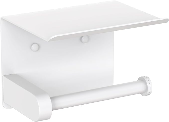 VAEHOLD Self Adhesive Toilet Paper Holder with Phone Shelf Stainless Steel Wall Mounted Toilet Paper Roll Holder - Bathroom Washroom Tissue Roll Holder with Storage Shelf - White