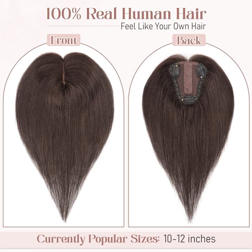 Hairro Real Human Hair Toppers, Clips in 100% Human Hairpieces for Women, 3.15"x3.94" Silk Base for Covering Thinning/Greyish Hair on Top, 12 Inch Natural Black