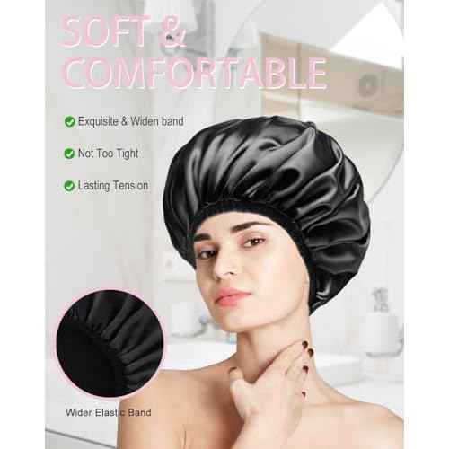 Aquior Shower Cap,Terry Lined Shower Cap for Women Reusable, Triple Layer Waterproof Bath Cap, Extra Large for Women Long Hair(Black)