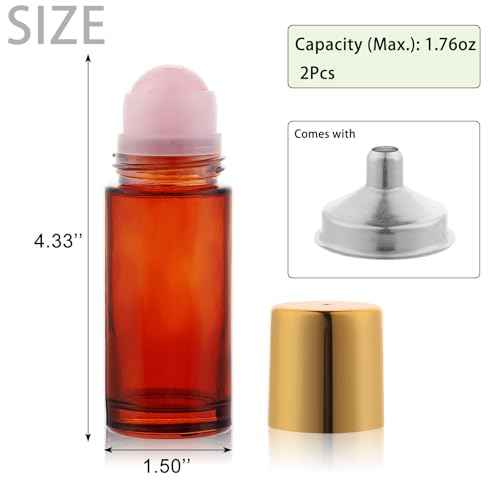 2 pack 1.7oz Large Amber Glass Roll on Bottles Rose Quartz Roller Ball Applicator for Essential Oils Perfume Refillable Empty Deodorant Containers with Pink Crystal Rollerball
