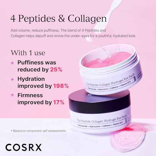 COSRX Pink Peptides Collagen Hydrogel Eye Patch for Puffy Eyes and Dark Circles, Under Eye Mask, 60 Under Eye Patches, Korean Skin Care