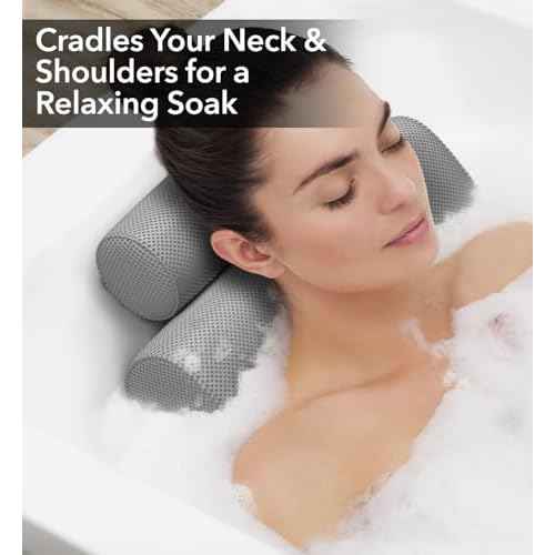 Everlasting Comfort Luxury Bath Pillows for Tub with Head and Neck Support - Non-Slip Bathtub Pillow with Suction Cups, Quick-Drying Mesh & Drying Hook - Jacuzzi & Spa Accessories for Women - Gray
