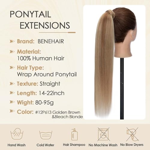 Benehair Ponytail Extension Wrap Around Ponytail Hair Extension with Magic Paste Human Hair Natural Long Straight One piece Hairpieces for Women 22inch Adding Volume Golden Brown&Bleach Blonde #12P613
