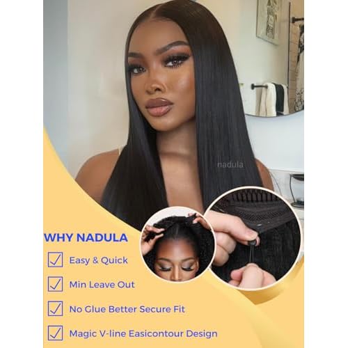Nadula EasiContour V Part Yaki Straight Human Hair No Leave Out Clip in V-part Wig,12A Glueless Upgrade U Part Light Kinky Straight Human Hair Wig 180% Density with Elastic Drawstring 14inch