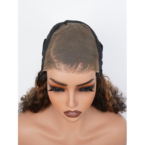 ISEE Hair Highlight Glueless Bob Wigs Human Hair Pre Plucked Pre Cut 2/30 Honey Blonde Curly Human Hair Wig for Black Women Ombre Water Wave 5x7 HD Lace Closure Wigs with Elastic Band 10 Inch