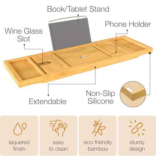 Bathtub Tray - Expandable Bamboo Bath Tray for Tub with Wine Glass Holder, Book & Tablet Stand - Wooden Bathtub Caddy Tray Table for Bathroom Accessories, Spa Relaxation, Housewarming & Wedding Gift