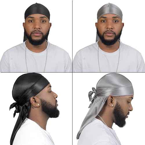 4PCS Silky Durags for Men Women 360 Waves with 1 Wave Cap, Silky Satin Durag Extra Long Tails