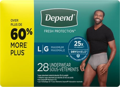 Depend Fresh Protection Adult Incontinence Underwear for Men (Formerly Depend Fit-Flex), Disposable, Maximum, Large, Grey, 28 Count, Packaging May Vary (Pack of 2)