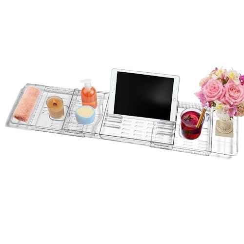Expandable Bathtub Tray for Tub, Clear & Easy Maintenance Acrylic Material, Bath Organizer for Relaxing Spa, Fits Most Bathtubs and Bathroom D?cor Style, Bath Tub Caddy Tray for Women