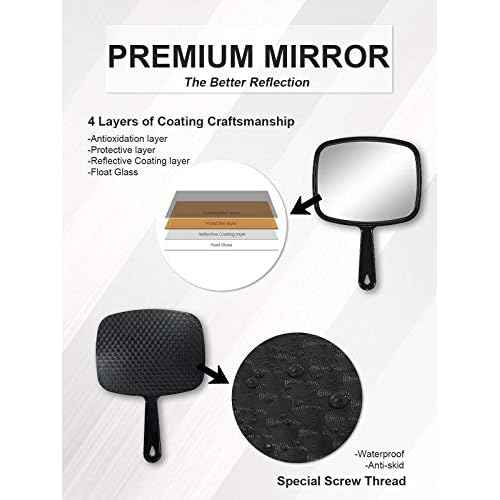 Hand Mirror, Barber Hairdressing Handheld Mirror with Handle for Salon, Square, Black, Medium