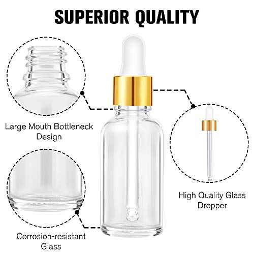 PrettyCare Glass Eye Dropper Bottles 24 Pack, 1oz (30ml) Clear Empty Thick Bottles Bulk with Leakproof Golden Caps - With Labels & Funnels for Storage, Travel, Essential Oils, Cuticle Oils, Tinctures