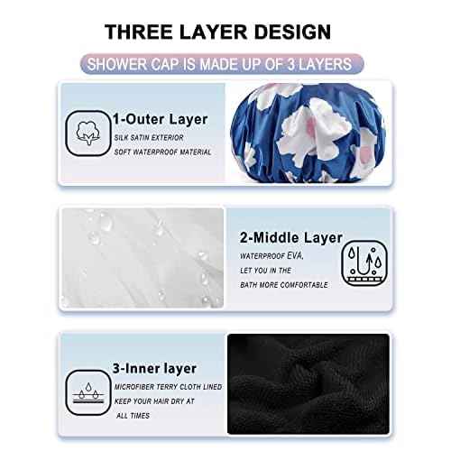 YIZIJIZI Terry Lined Shower Cap,Triple Layer Large Cap for Women,Shower Cap Reusable Waterproof,Long Thick Hair(Blue)
