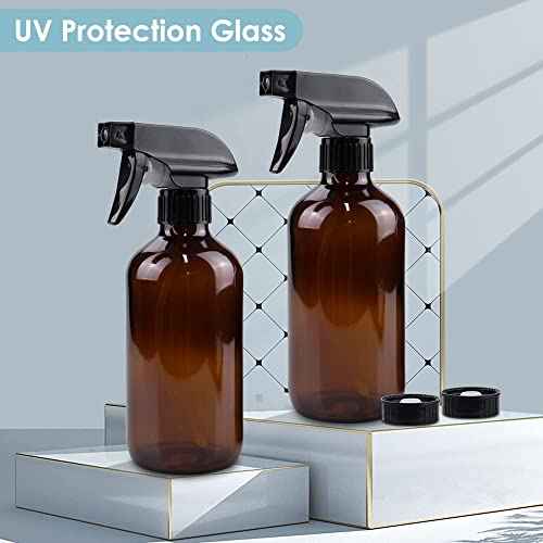 Glass Spray Bottle, Amber Glass Spray Bottle Set & Accessories Refillable for Plants Window Cleaners Aromatherapy Facial Hydration Watering Flowers Hair Care (2 Pack/16 oz) (Amber)