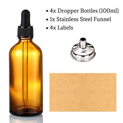 AOZITA 4 Pack, 100ml Dropper Bottles with 1 Funnel & 4 Labels - Essential Oils Bottles for Health, Personal Care & Beauty - 3.4oz Thick Dark Amber Glass Tincture Bottle with Eye Droppers, Leakproof