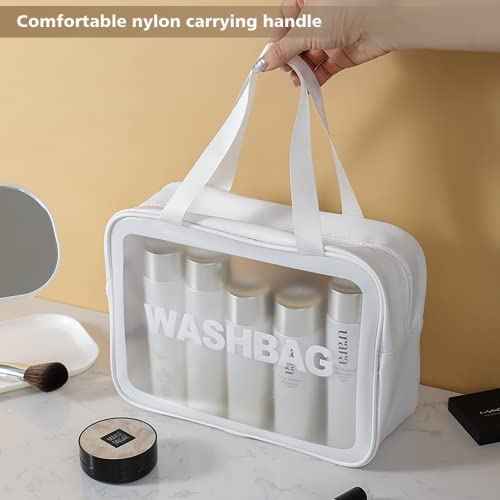 Travel Toiletry Bag for Women and Men, Matte Translucent Toiletry Bag with Handy Handle, Makeup Cosmetic Organizer Bag for Travel Toiletries Accessories (White)