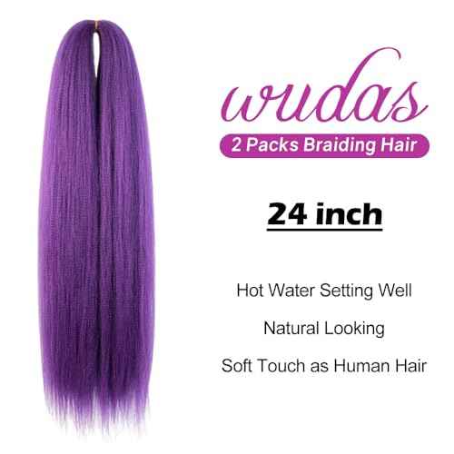 Purple Braiding Hair 24 Inch Long Pre Stretched Hair Straight Yaki Texture Synthetic Hair Extensions Softness, 2 Packs