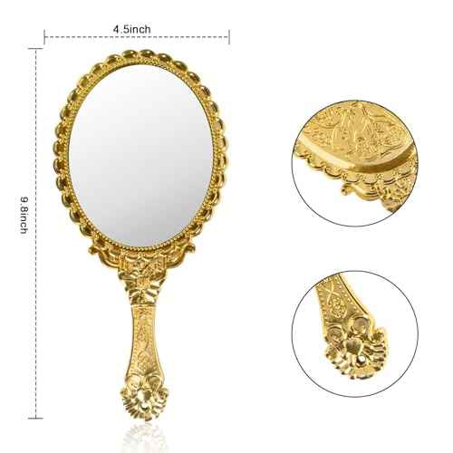 YUSONG 12 Pcs Vintage Handheld Mirror for Makeup - Travel Handle Mirrors for Women Gold Embossed Flower Portable Princess Mirror Tabletop Party Classroom