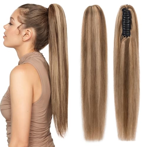 Human Hair Claw Clip Ponytail, Claw Clip Human Hair Ponytail,Effortless Application with Secure Hold,Style in Seconds,Quick Styling Solutions for Busy Lives 16"/109g Medium Brown Mix Dark Blonde