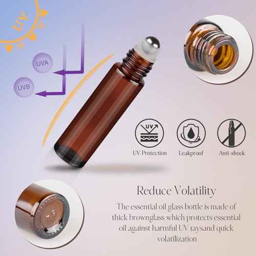 ZEJIA 10ml Roller Bottles for Essential Oils, 4 Pack Glass Roll on Bottles, Refillable Perfume Bottle, with Stainless Steel Roller Balls, 2 Droppers, 1 Opener, Labels (Amber)