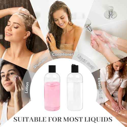 16 oz BPA Free Plastic Suqeeze Bottles with Black Disc Caps Refillable Travel Containers for Toiletries Shampoo conditioner Lotions Liquid Soap Shower Gel (2Pack, Clear)