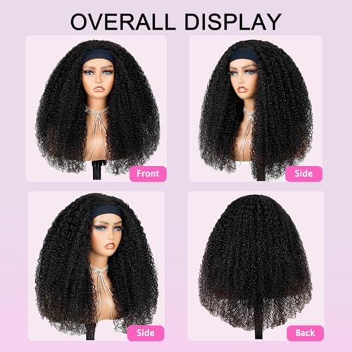 Headband Wig Human Hair Kinky Curly Headband Wigs for Black Women 22 Inch Human Hair Headband Wig Curly Headband Human Hair Wig Half Wigs 150% Density Natural Black Color