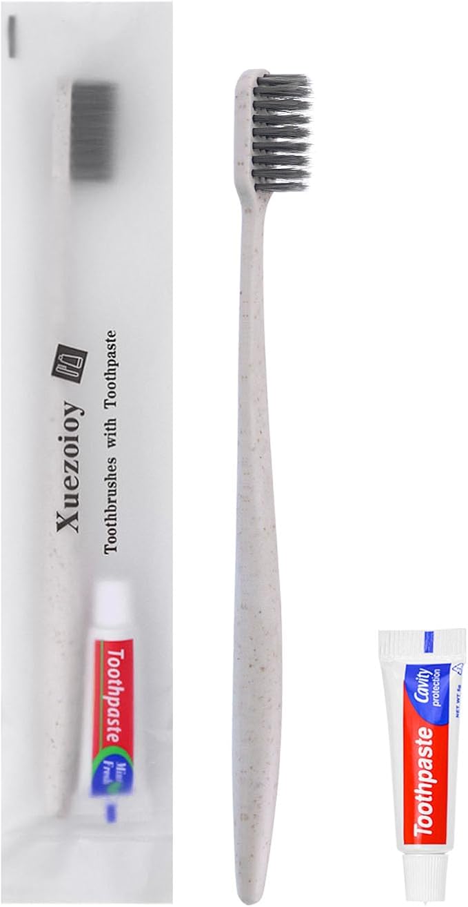 Xuezoioy Disposable Toothbrushes with Toothpaste,60Pack Apricot Individually Wrapped Disposable Travel Toothbrushes Kit in Bulk for Homeless,Nursing Home,Hotel,Charity